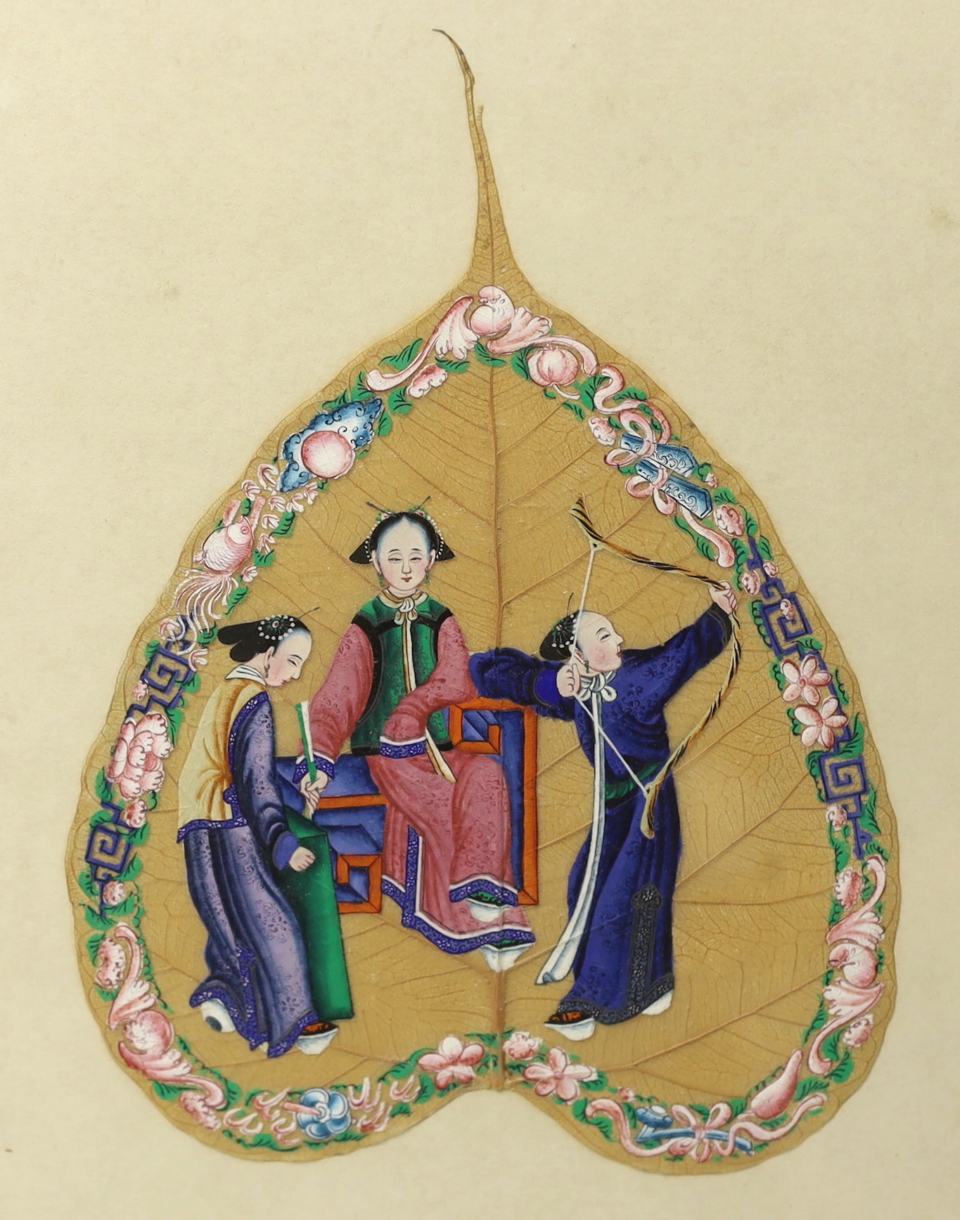 A 19th century Chinese figurative peepal leaf painting, framed, 29cm high x 19.5cm wide, including mount but not including frame